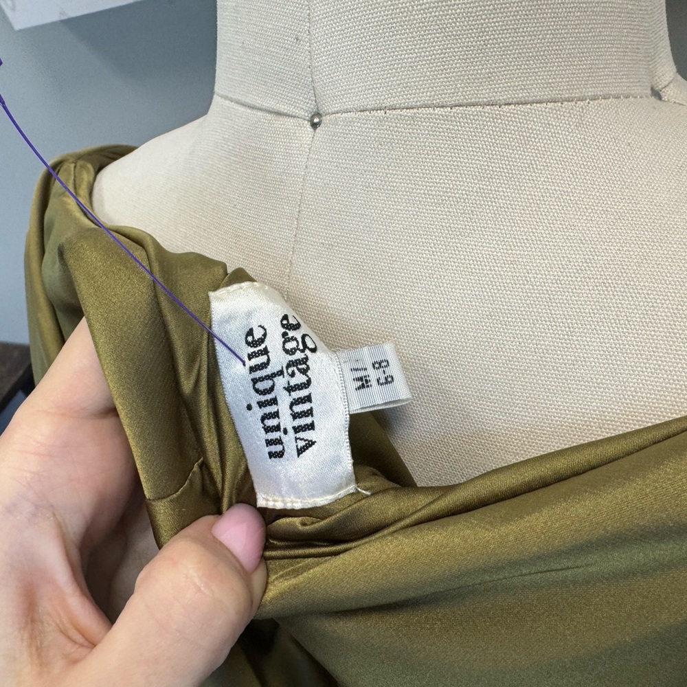 Unique Vintage Olive and Khaki Draped Maxi Dress - Picture 4 of 6